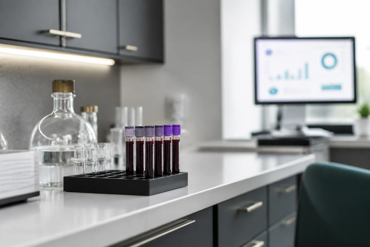 Modern clinical laboratory counter with secured sample tubes and an abstract monitor